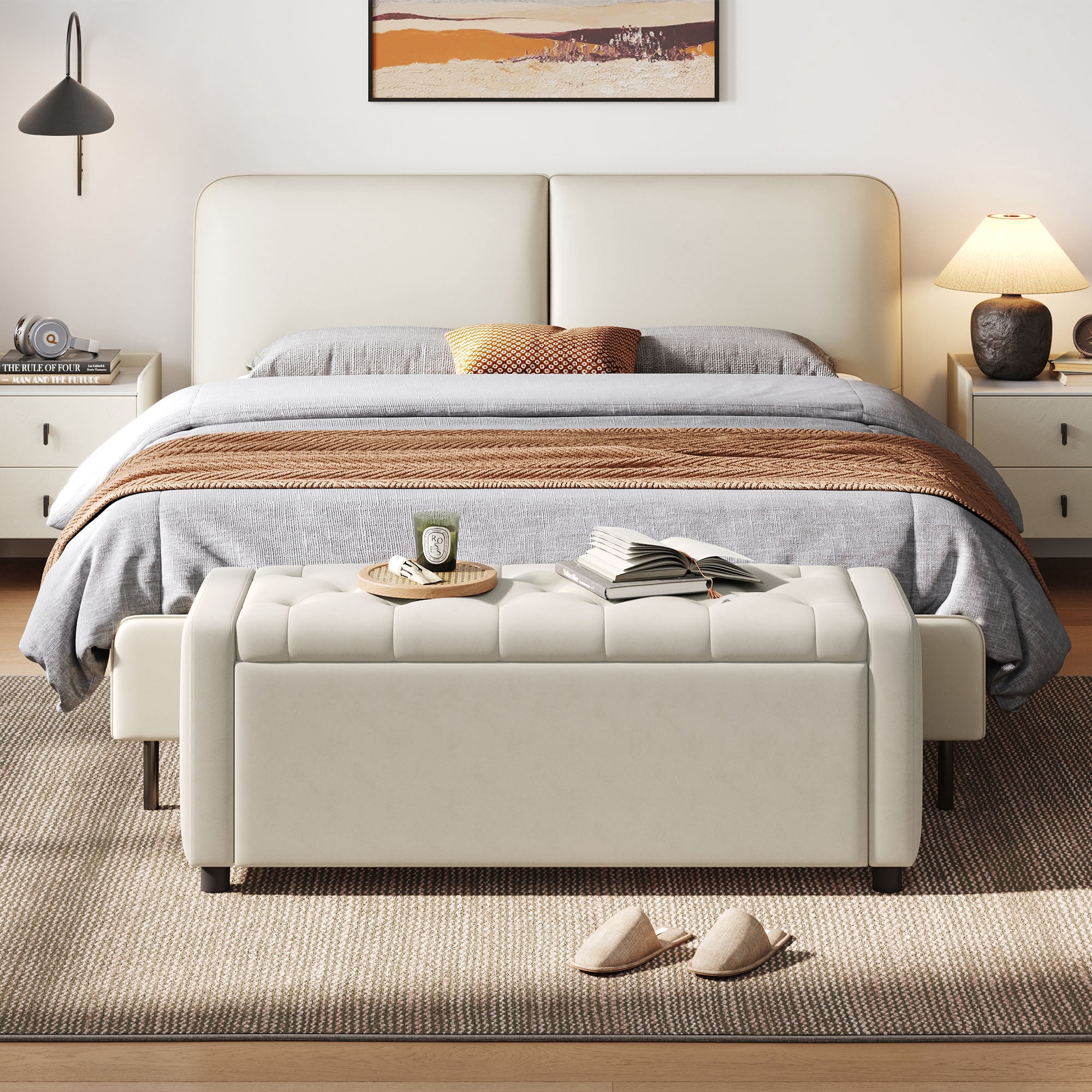 Linsy Home 50" Ottoman with Storage for Living Room, Velvet Storage Ottoman Bench with Gas Lift, Beige
