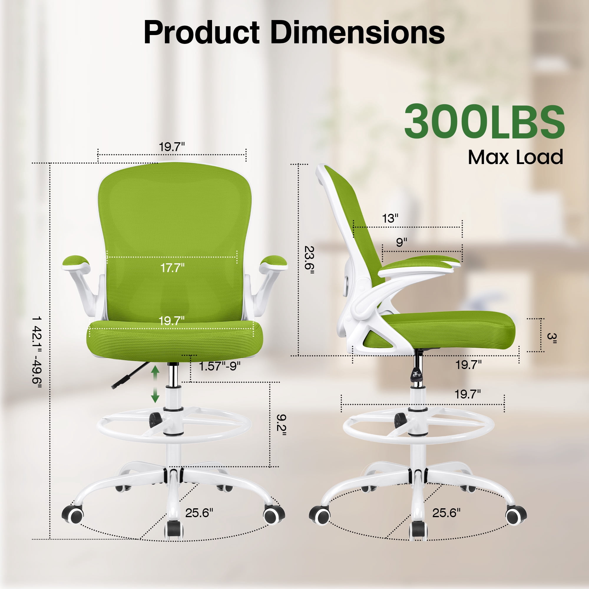 ATHOPE Ergonomic Office Chair, Mesh Desk Chair with Lumbar Support, Tall Office Chair with Flip-Up Armrests and Footrest Ring, Adjustable Computer Chair for Standing Desk Home Office, Green