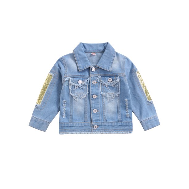 ZQC Girls Long Sleeve Sequin Patchwork Button Down Ripped Denim Jackets