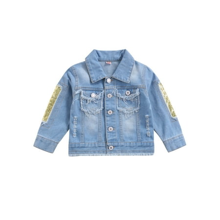 

Frobukio Kid Baby Girls Ripped Denim Jackets Outfits Long Sleeve Back Sequin Patchwork Single Breasted Coats Blue 3-4 Years