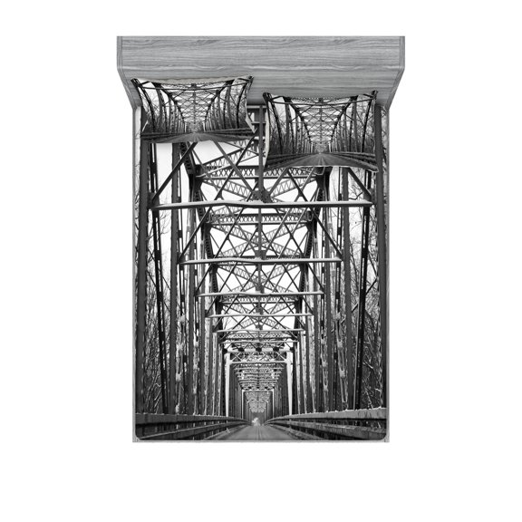 Ambesonne Black and White Fitted Sheet & Pillow Sham Set, Modern Bridge, Full, Black White Grey