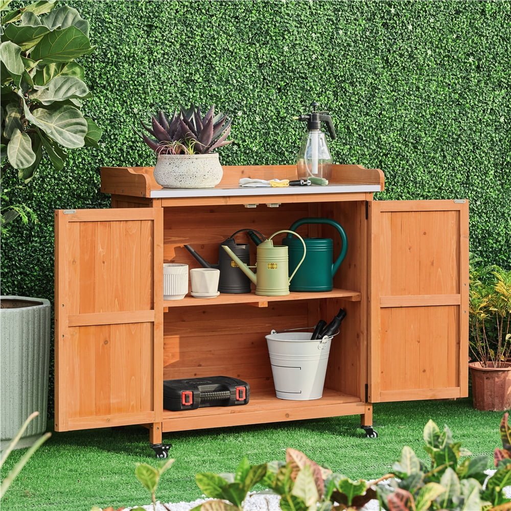 Renwick Rolling Garden Potting Bench Table with Locking Casters, Brown
