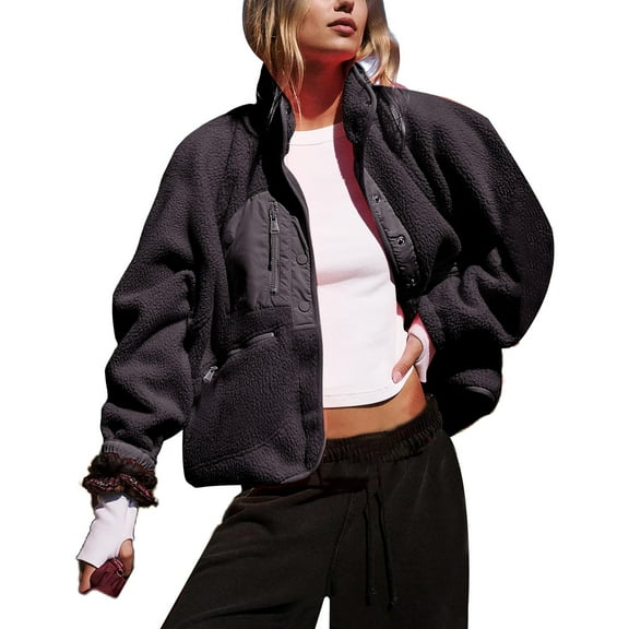PUWEI Women's Sherpa Fleece Cropped Jacket Fuzzy Warm Coat Button Down Outwear with Pockets