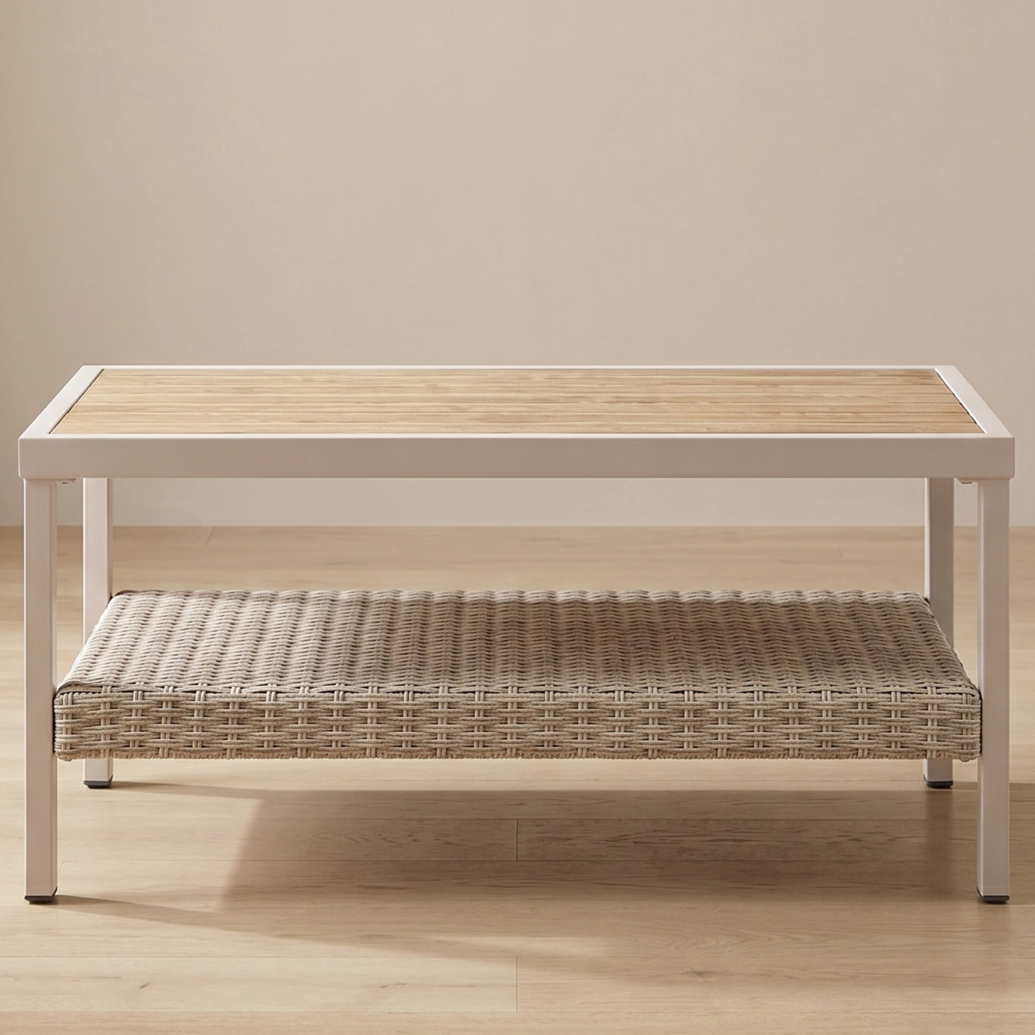 Nordic Hygge Modern Minimalist Patio Table with Integrated Storage Shelf – Weather-Resistant Powder-Coated Finish – Bone