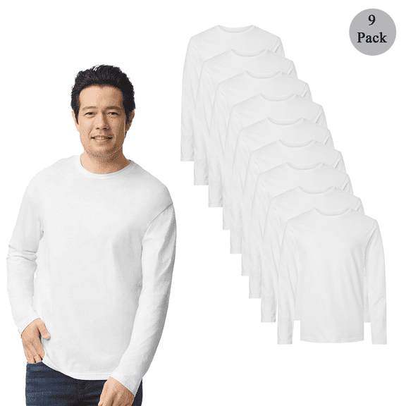 Gildan Men's Softstyle Long Sleeve T-Shirt, Comfortable Crew Neck White Color Blank Tee, 9-Pack, S