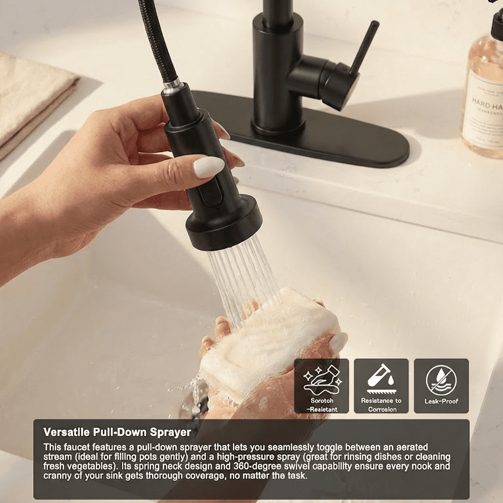 Kitchen Faucet with Pull Down Sprayer Industrial 1 Handle 1 Hole or 3 Hole Faucet for Farmhouse Camper Laundry Utility,Black