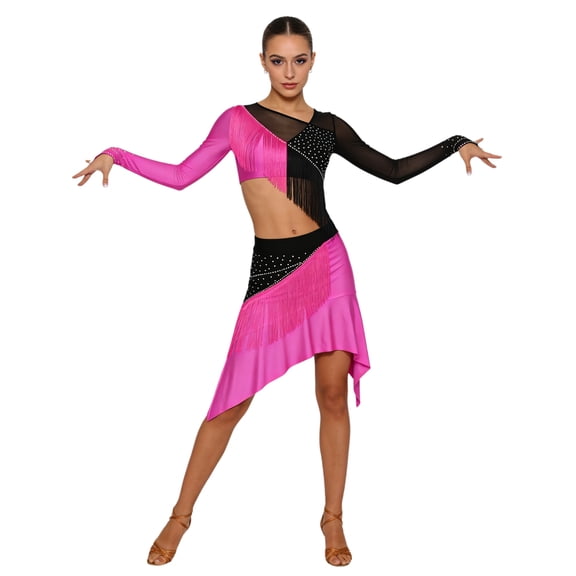 iixpin Women's Latin Tassel Dance top and Irregular Hem Skirt 2 piece sets for Ballroom Cha-cha Rumba Tango Hot Pink XL