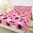 thumbnail image 4 of Homewish Girly Halloween Cartoon Ghost Bed Sheets,Pumpkin Mansion Bat Print Full Size Sheets,Hot Pink Black,4 Pieces,1 Flat Sheet,1 Fitted Sheet and 2 Pillowcases, 4 of 6