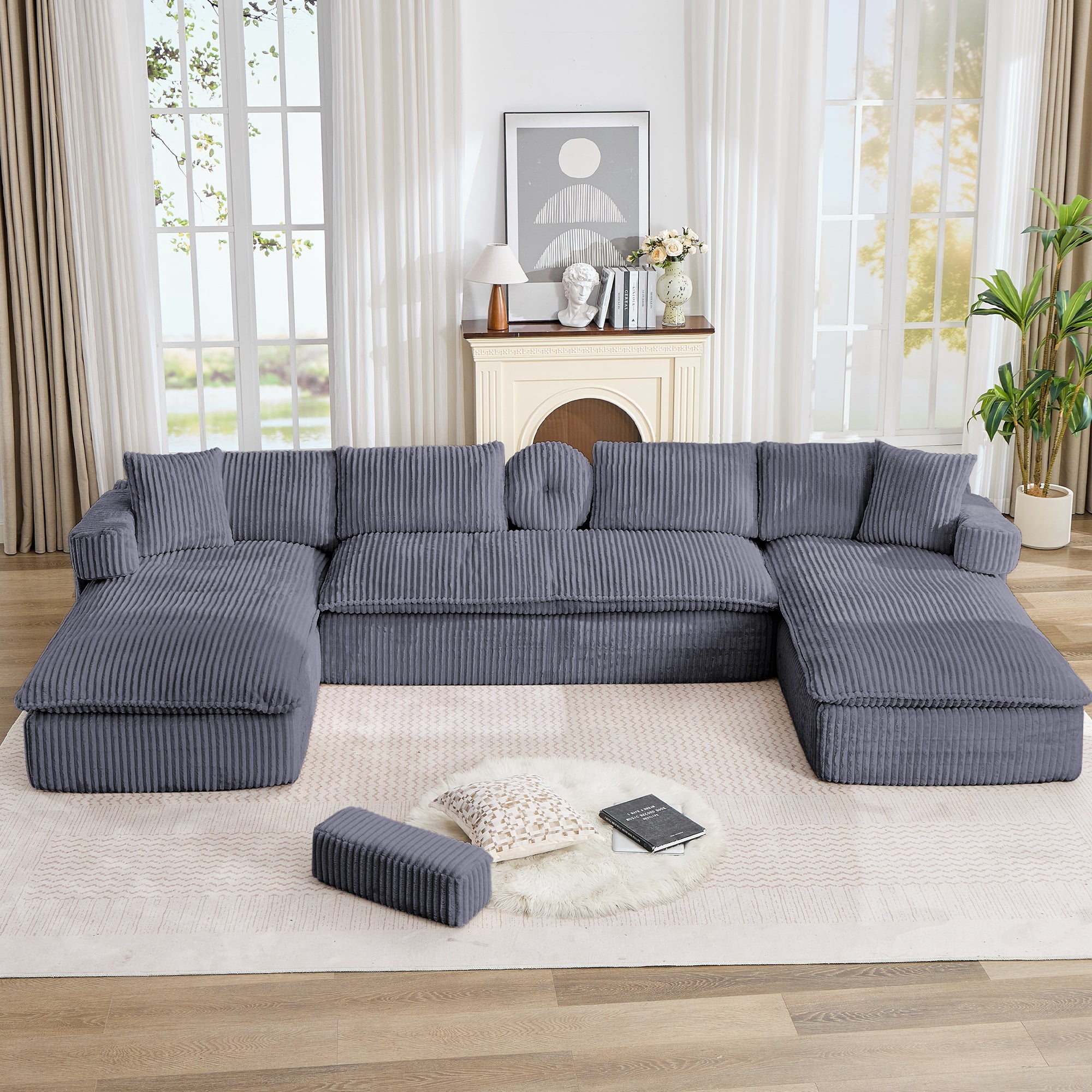 Howcool 149"W Oversized Modular Sectional Sofa,7-in-1 Corduroy U Shaped Sofa Couch with Double Chaise Lounge,Convertible Sleeper Sofa Bed,Deep Seat Cloud Couch for Living Room,Dark Gray