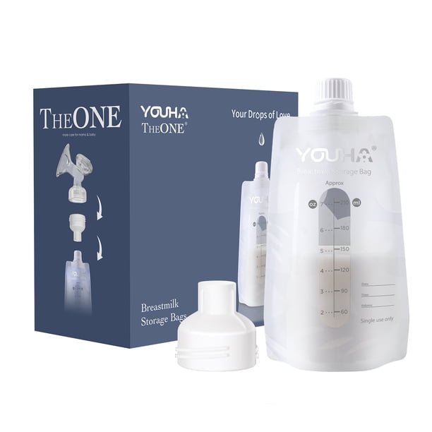 Bolsa de almacenaje YOUHA 40 bolsas de almacenamiento de leche materna de 7 oz / 210 ml con conector para extractor de leche y botella de leche sin BPA, bolsa de almacenamiento y congelación y calenta YOUHA Bolsa de almacenaje