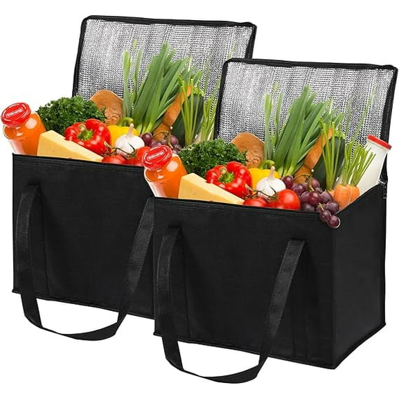 Insulated Cooler Bag Reusable Grocery Bags with Zippered Top, Insulated Food Delivery Bag, Foldable for Travel, Groceries, 16"x10"x13"