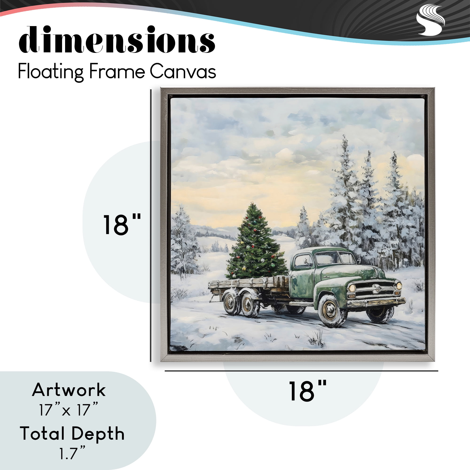 Green Christmas Tree Truck Gray Framed Floater Canvas Wall Art, design by Petal Prints Design