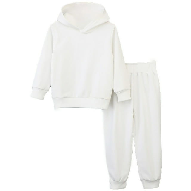 WEIYLL Outfits for Boys Sets Active Sweat 2 Piece Sweatshirt Sweatpants Basic Solid Jogger Pants White Suits 2-3 Years