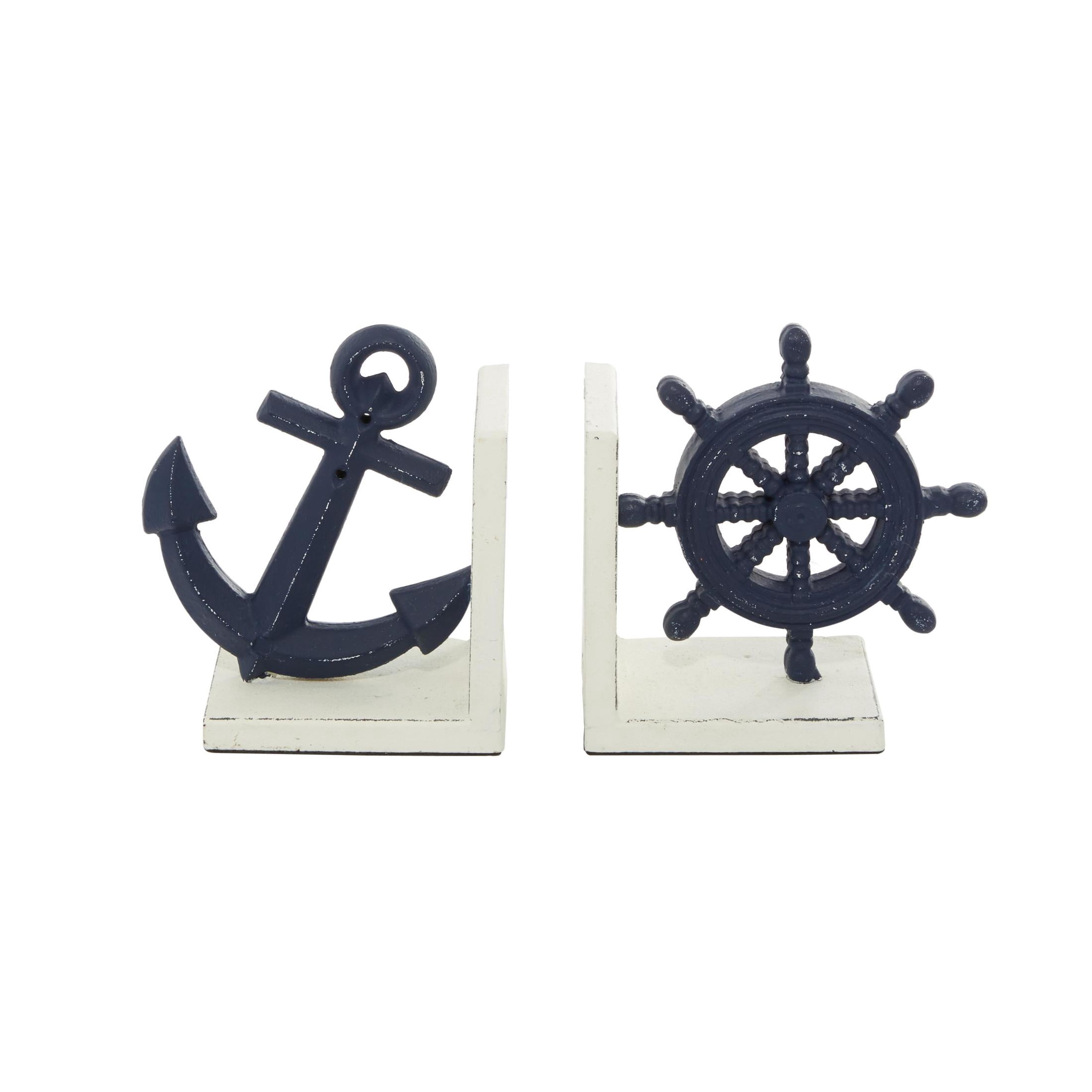 DecMode 6" Anchor Ship Wheel Blue Metal Bookends (Set of 2)