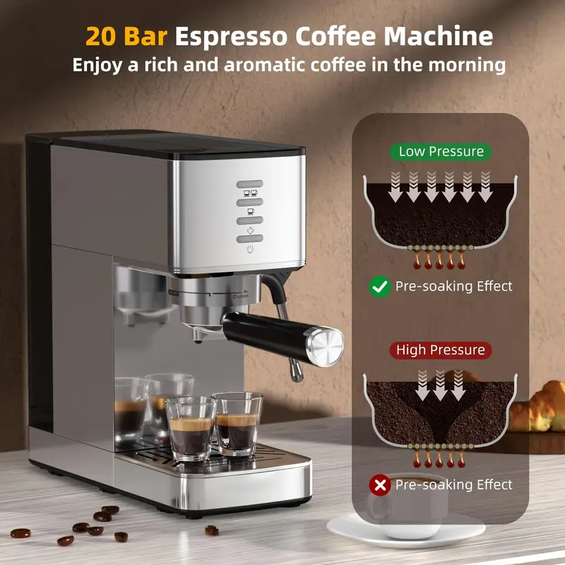 Auseo 20 Bar Espresso Machines, Espresso Coffee Maker with Milk Frother Steam Wand, 1.4L Removable Water Tank, Nespresso Capsules Compatible & Ground Coffee, Silver