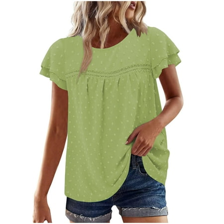 Mittory Womens Summer Short Sleeve Lace Crochet Blouses Flowy Babydoll Dressy Casual Work Tops