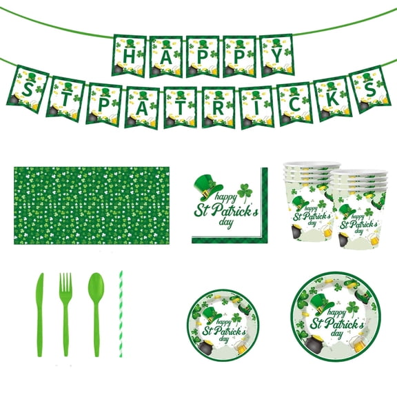 St Patricks Day Party Supplies Set Includes Banner Tablecloth Plates Cups Napkins Cutlery and Straws Disposable Tableware for Holiday Celebration Decorations