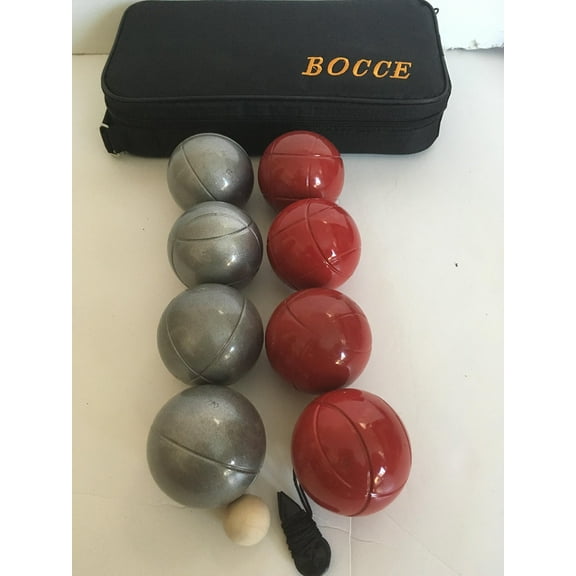 BuyBocceBalls Listing -73mm Metal Bocce/Petanque 8 Ball Set with 4 Striped Grind Sand and 4 red Balls and Black Bag