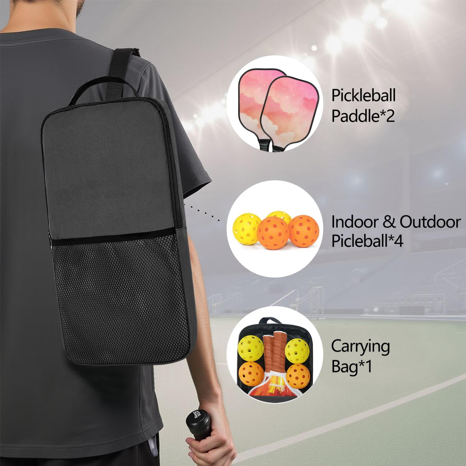 Pickleball Paddles Set Of 2, Fiberglass Surface, Dreamy Cloud Print, 4 Balls & Bag