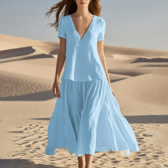 qolati Summer Dresses for Women 2025 Vacation Trendy Short Sleeve V Neck Cotton Linen Dress Loose Ruffled Hem Flowy Beach Sundress
