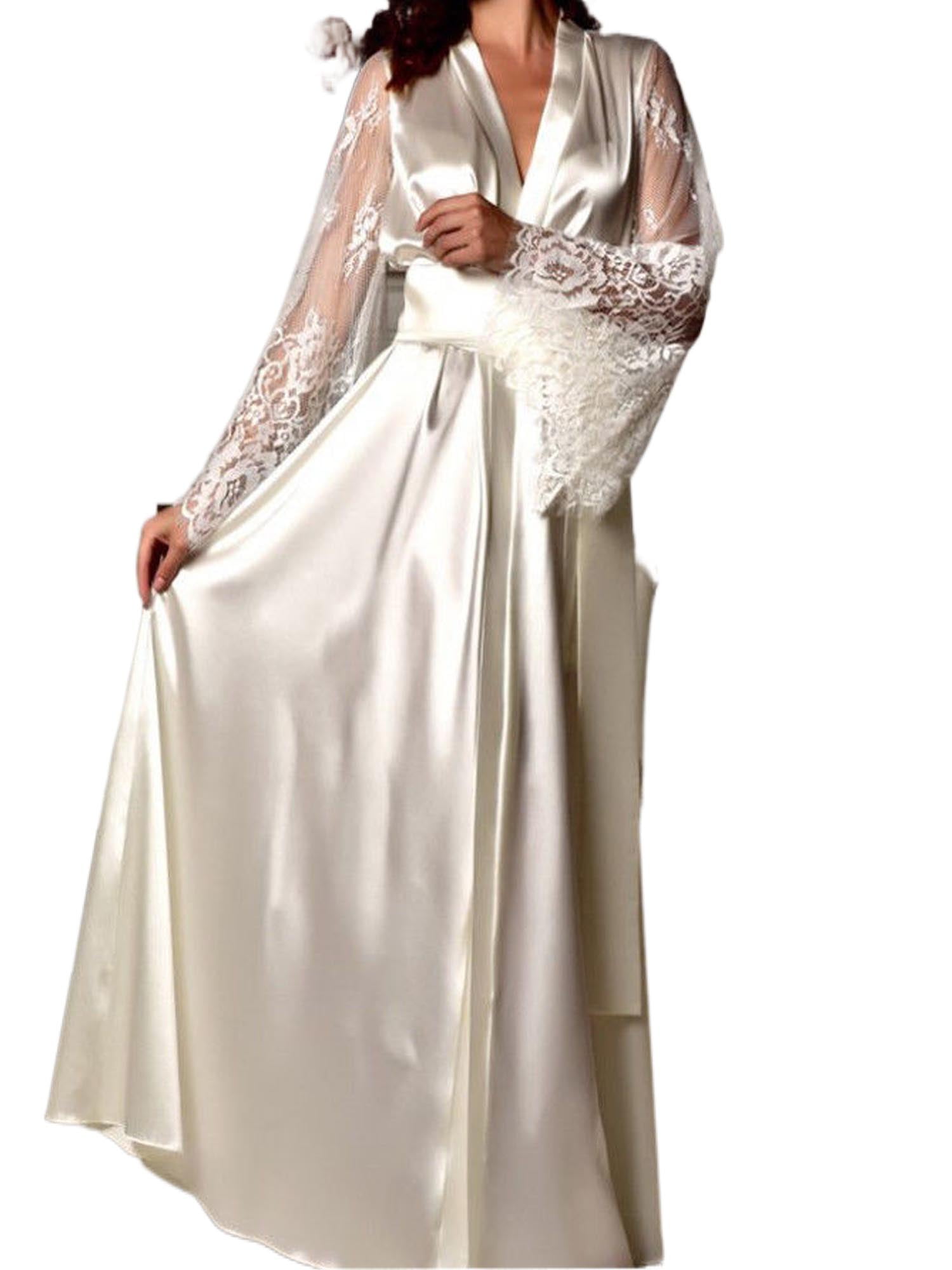 Womens Sexy Lace Silk Satin Deep V Bathrobe Robe Lingerie Sleepwear
