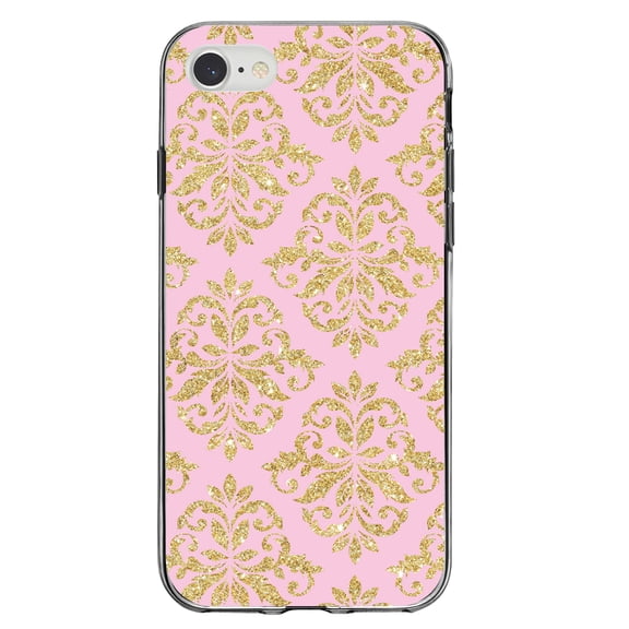 DistinctInk Clear Shockproof Hybrid Case for iPhone 7 8 SE (2020 Model) 4.7" Screen TPU Bumper Acrylic Back Tempered Glass Screen Protector - Pink & Gold Print - Damask Pattern