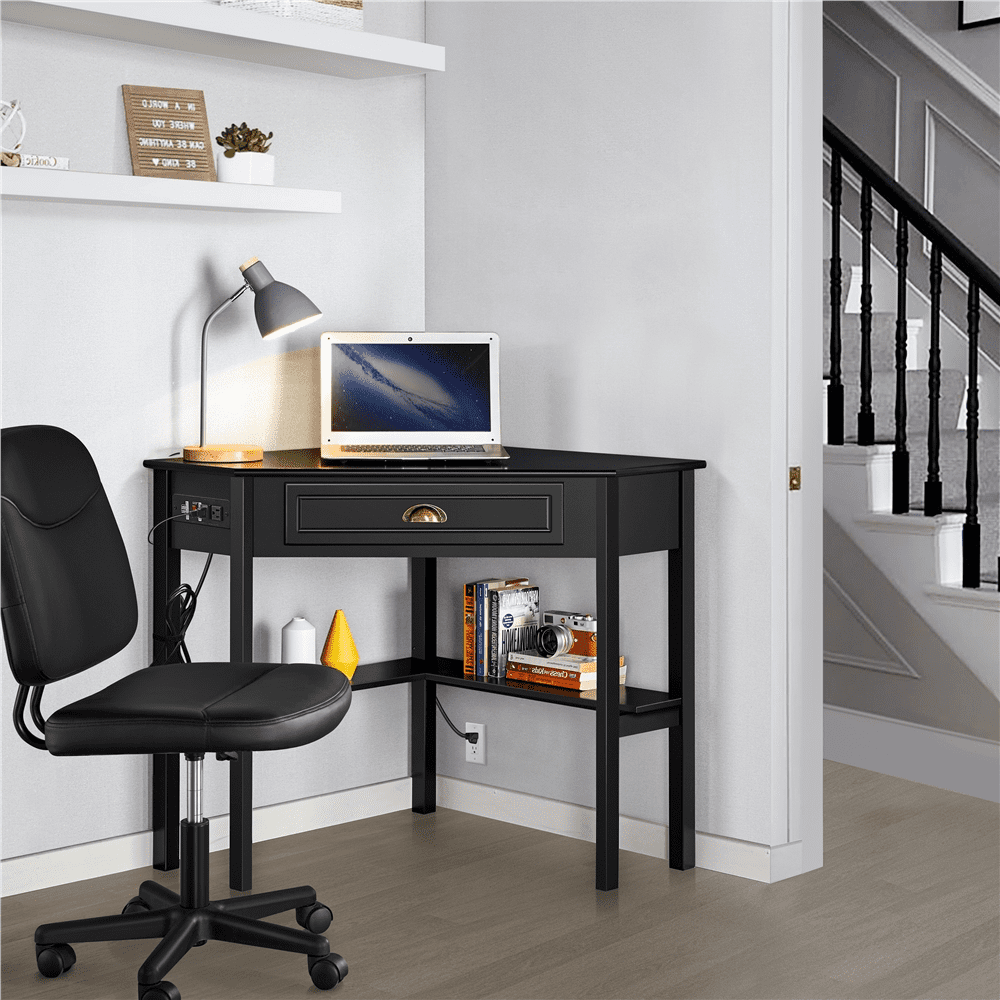 Renwick Modern Corner Computer Desk with Power Outlet and Drawer, Black