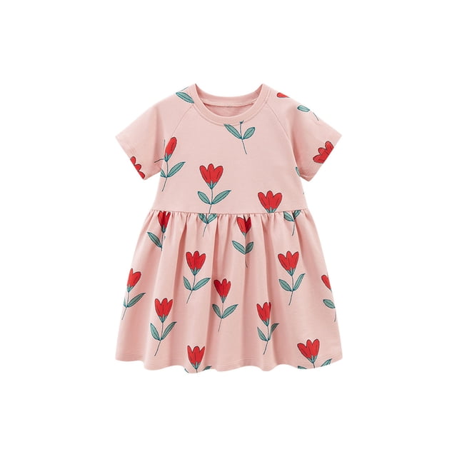 Robes pour Filles Enfants Tout-Petits Filles Été Coton Robe en Dentelle Manches Courtes à Volants Évasée Midi Décontractée Robes Tout-Petit Robe Rose 4 Ans-5 Ans