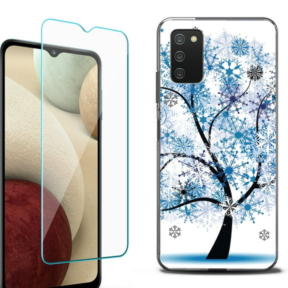 Slim-Fit Protective Fashion Phone Case (Black) for Samsung Galaxy A03s, with Tempered Glass Screen Protector, by OneToughShield ® - Snowflakes Tree