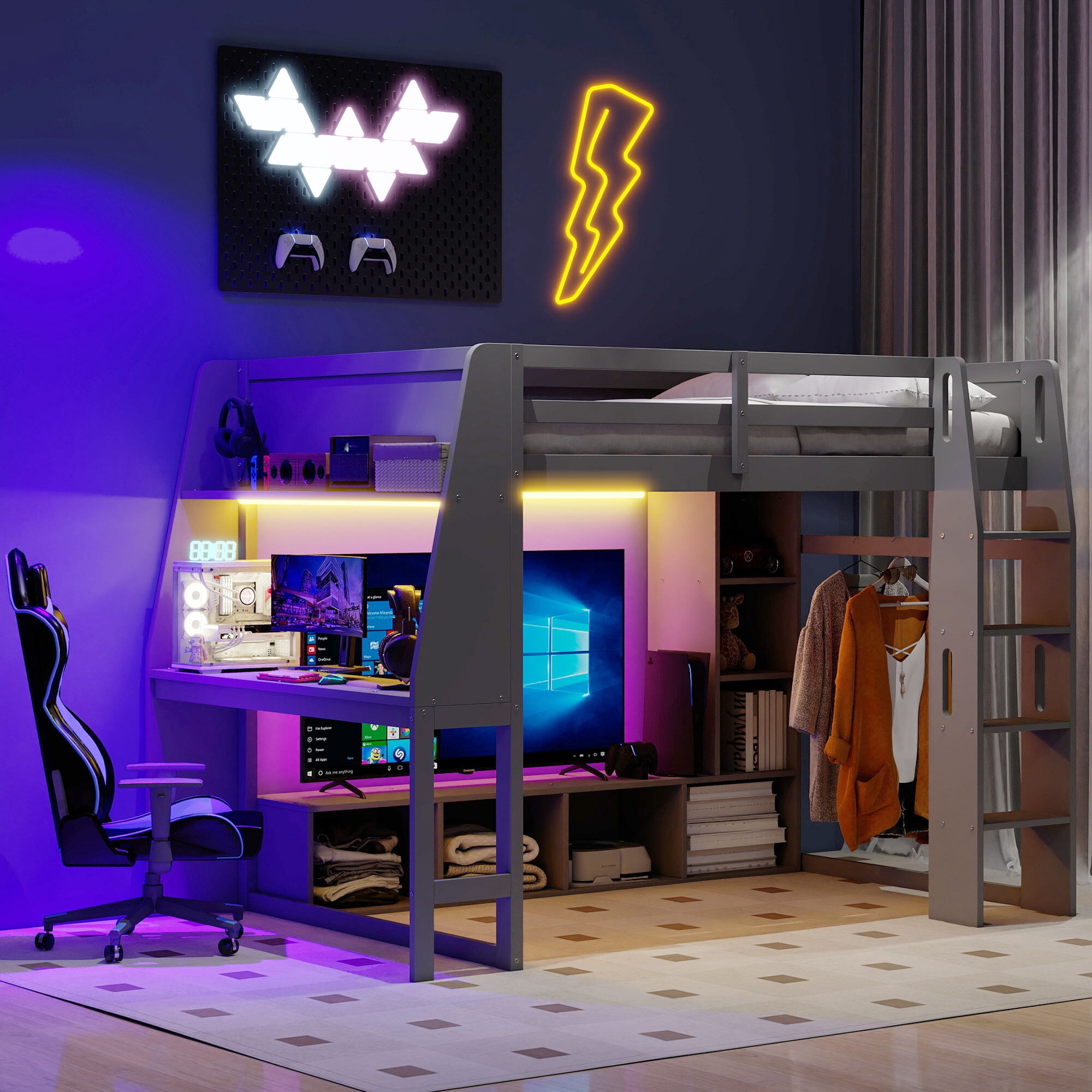 Euroco Wood Full Size Loft Bed with Desk and Shelves, Gaming Bed with LED Light and Clothes Rack for Kids Teens, Gray