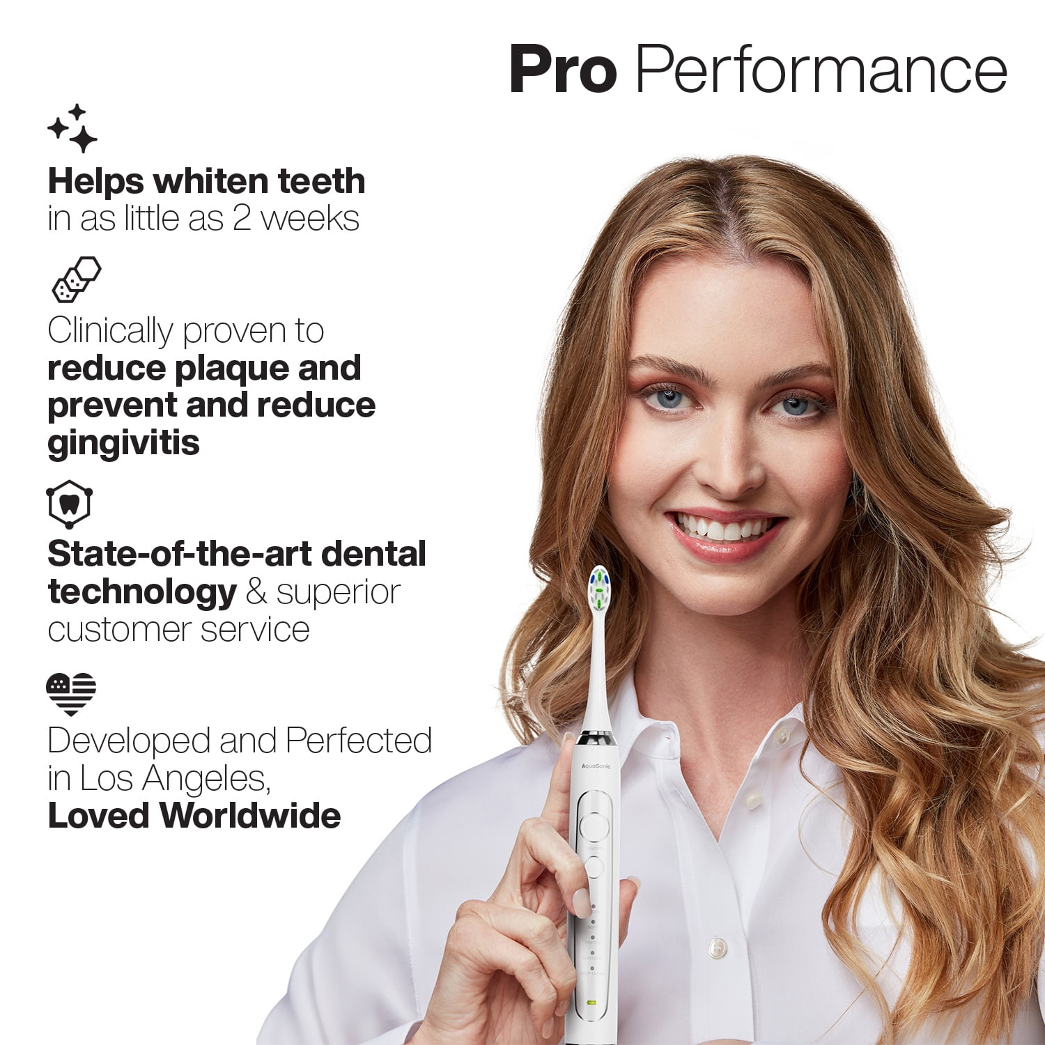 AquaSonic Vibe Series Pro Electric Toothbrush - UV Light, Wireless Charging, 4 Modes, 8 DuPont Brush Heads, Travel Case, ADA Approved - White