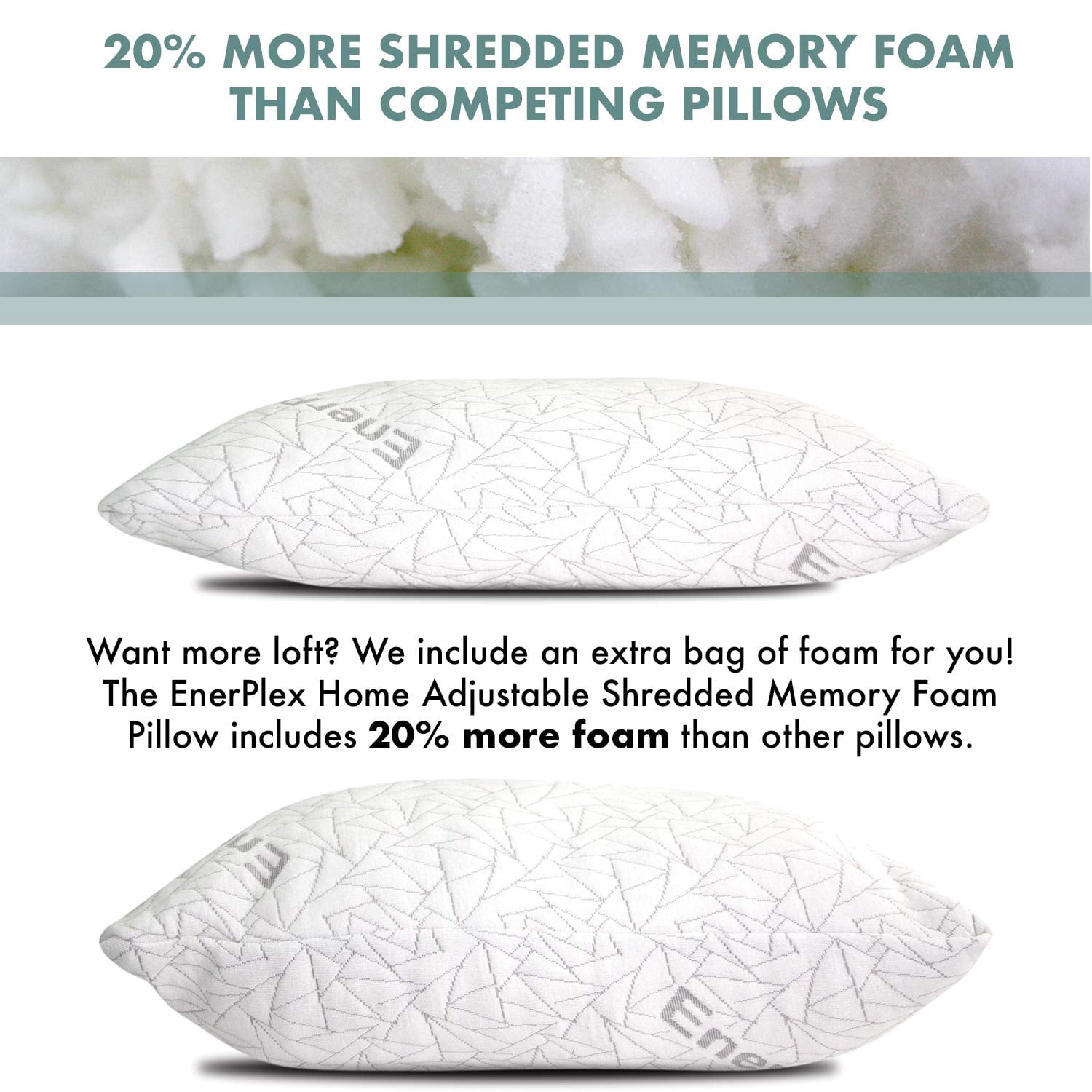 EnerPlex Memory Foam Pillows - Pack of 2 Adjustable, CertiPUR-US Certified Queen Size Pillows for Sleeping w/Extra Foam  Removable Cover - Machine Washable Firm Pillow