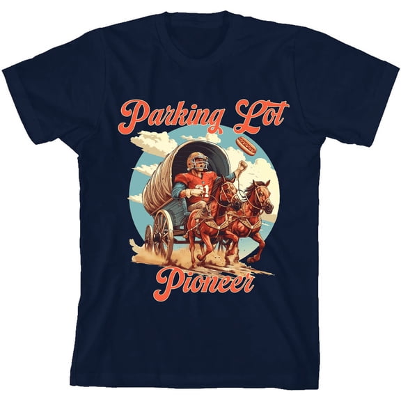"Parking Lot Pioneer" Old West Wagon Football Cowboy Youth Blue Short Sleeve Tee-Medium