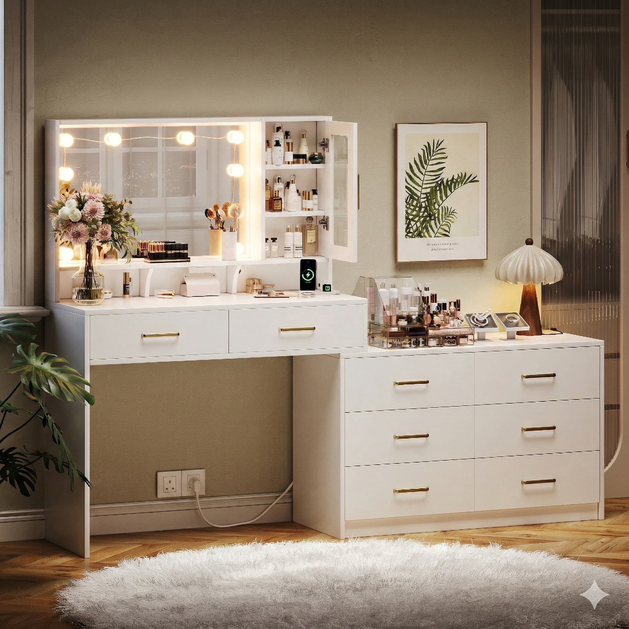 UGTOO 59" Makeup Vanity Desk with LED Lights & Mirror,8 Drawers,USB Charging Station,Adjustable Storage,Sturdy Dressing Table for Bedroom