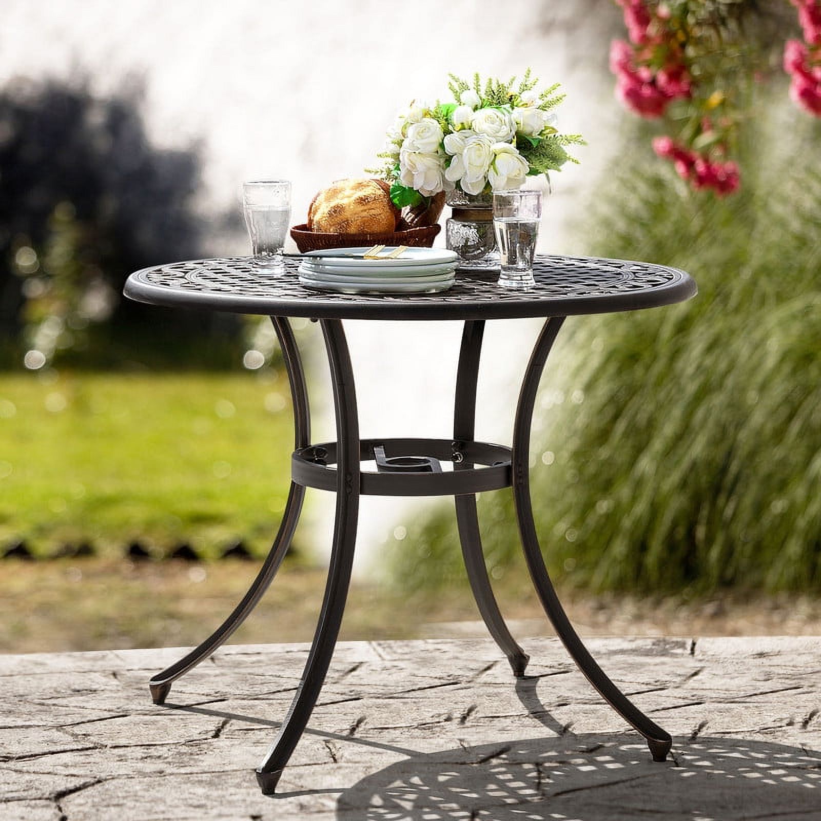 Nuu Garden 36" Cast Aluminum Outdoor Dining Table Round Patio Bistro Dining Table with Umbrella Hole,Black with Antique Bronze at The Edge - image 5 of 9