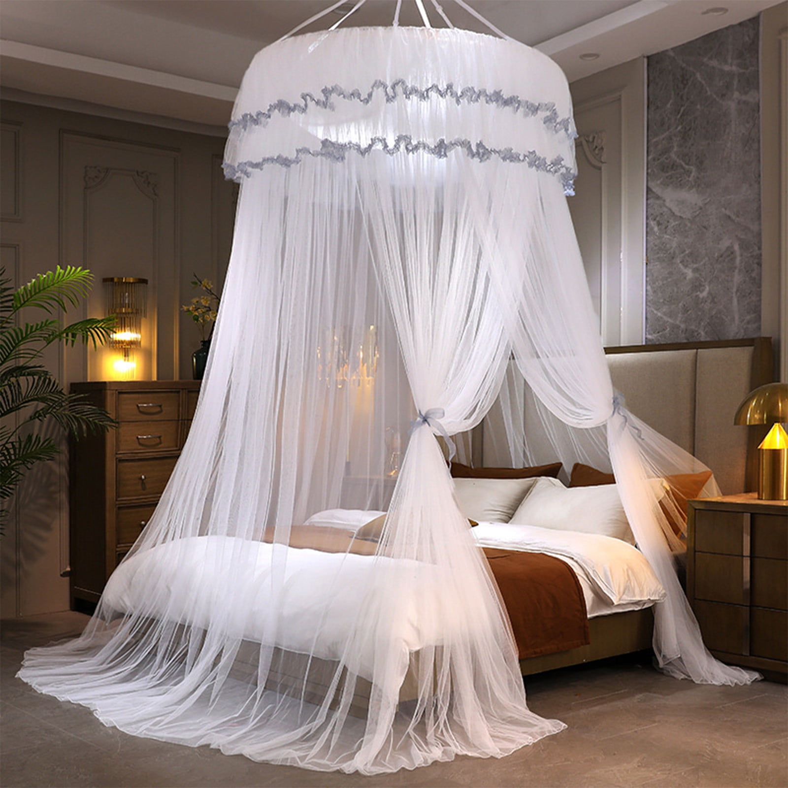 Zzbeans Princess Bed Canopy, No-Installation Ceiling-Mounted Dome Mosquito Net, Encrypted Foldable Floor-Standing Bed Canopy for Girls Room, Romantic Lace Ruffled Bed Curtain for Single Double Queen