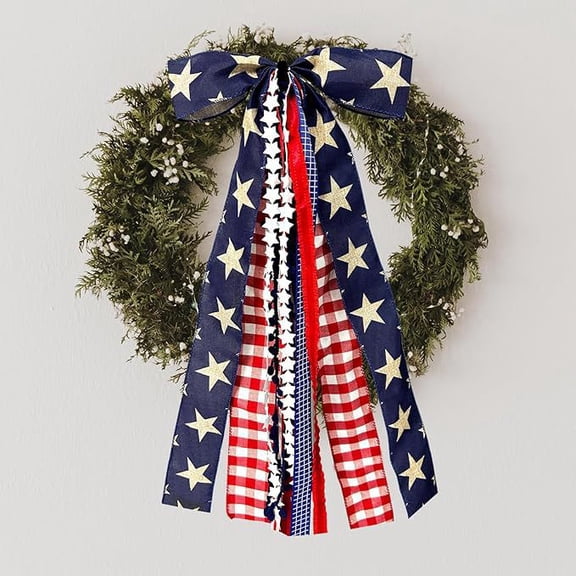 HaCpiu 4th of July Patriotic Wreath Bow, 23.6" Red White Blue Star & Stripe Decor, Festive Hanging Accent for Memorial Day, Front Door, Independence Day & Labor Day