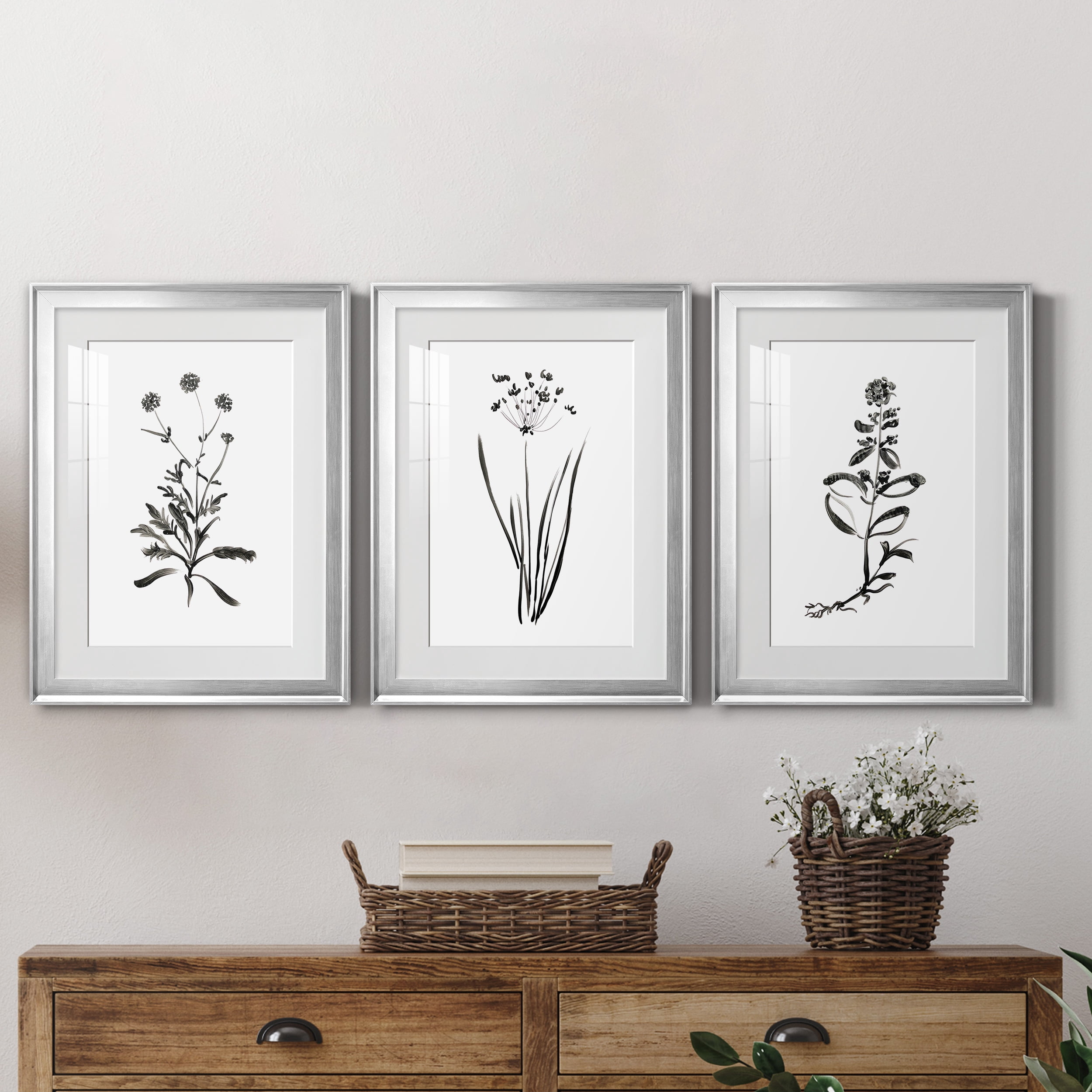 Inky Botanical I Premium Framed Prints Set of 3 - Ready to Hang - 18 x 24 Each - Silver Frame
