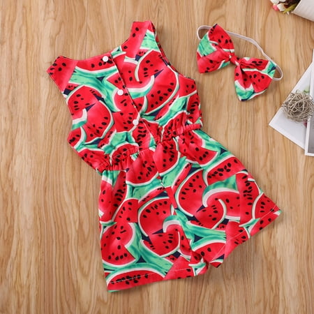 

Carolilly Baby Girls Clothes Set Sleeveless Fruit Print Romper+Bowknot Headband