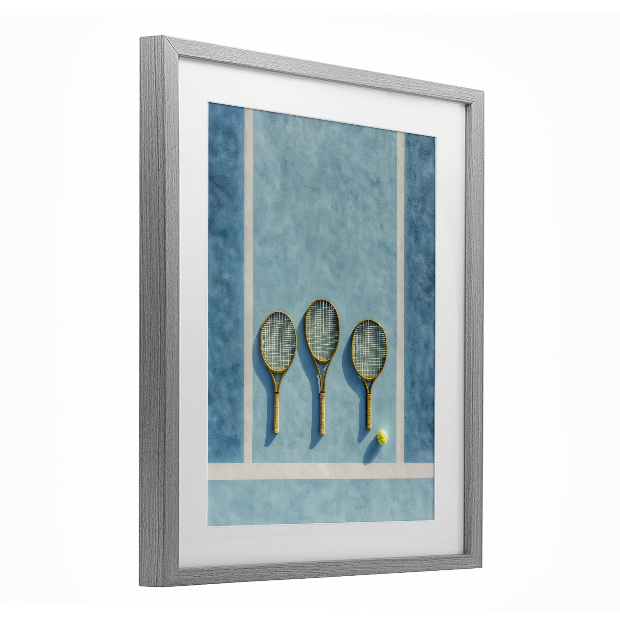 Tennis Racket Trio Gray Framed Print Under Glass, design by Franklyn Gregory