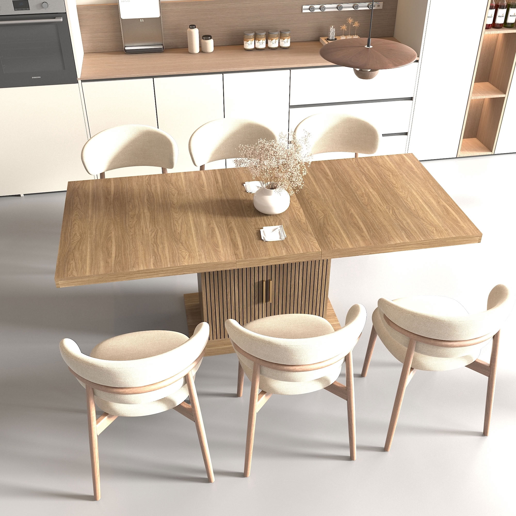 MAYEERTY Extendable Rectangular Dining Table for 6-10, Modern Extendable Kitchen Dining Table with Storage Cabinet, Waterproof Surface, for Dining Room, Apartment, Kitchen, Family Gathering Furniture