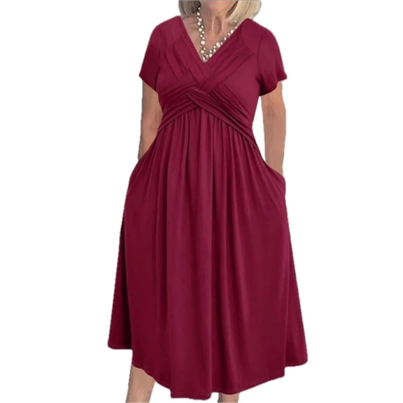 Women's V Neck Short Sleeve Midi Dress with Crisscross Stretch Silhouette 95% polyester 5% spandex versatile style
