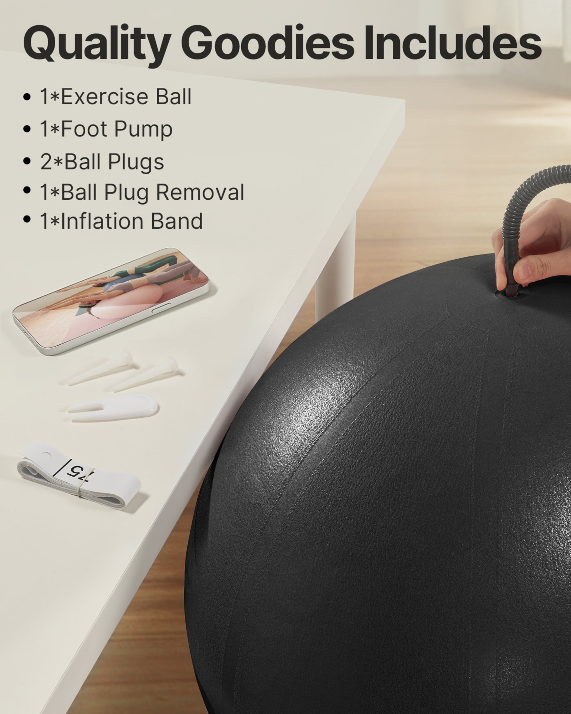 YOTTOY Anti-Burst Exercise Ball, 65 cm — Black, Extra Thick for Yoga & Physical Therapy
