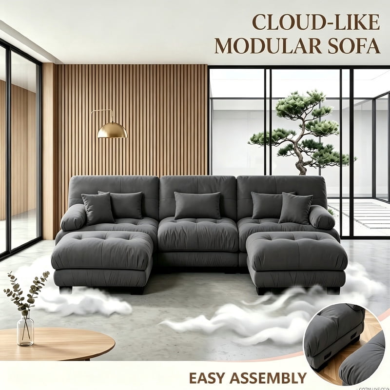 ANPPORT Cloud Couch Sleeper Sofa, Chenille Gray 3-Seater Modular Sofa with 2 Ottomans, 3 Lumbar pillows, 2 Pillows, Comfy Deep Seat Cloud Sofa, Convertible L-Shaped Floor Couch for Living Room