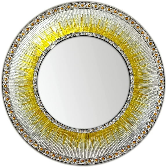 Decorative Wall Mirror Mosaic 24" Round Handcrafted Wall Art in Shades of Sunny Yellow & Gold, White Silver Glitter Colorful Glass Tile Décor for Home