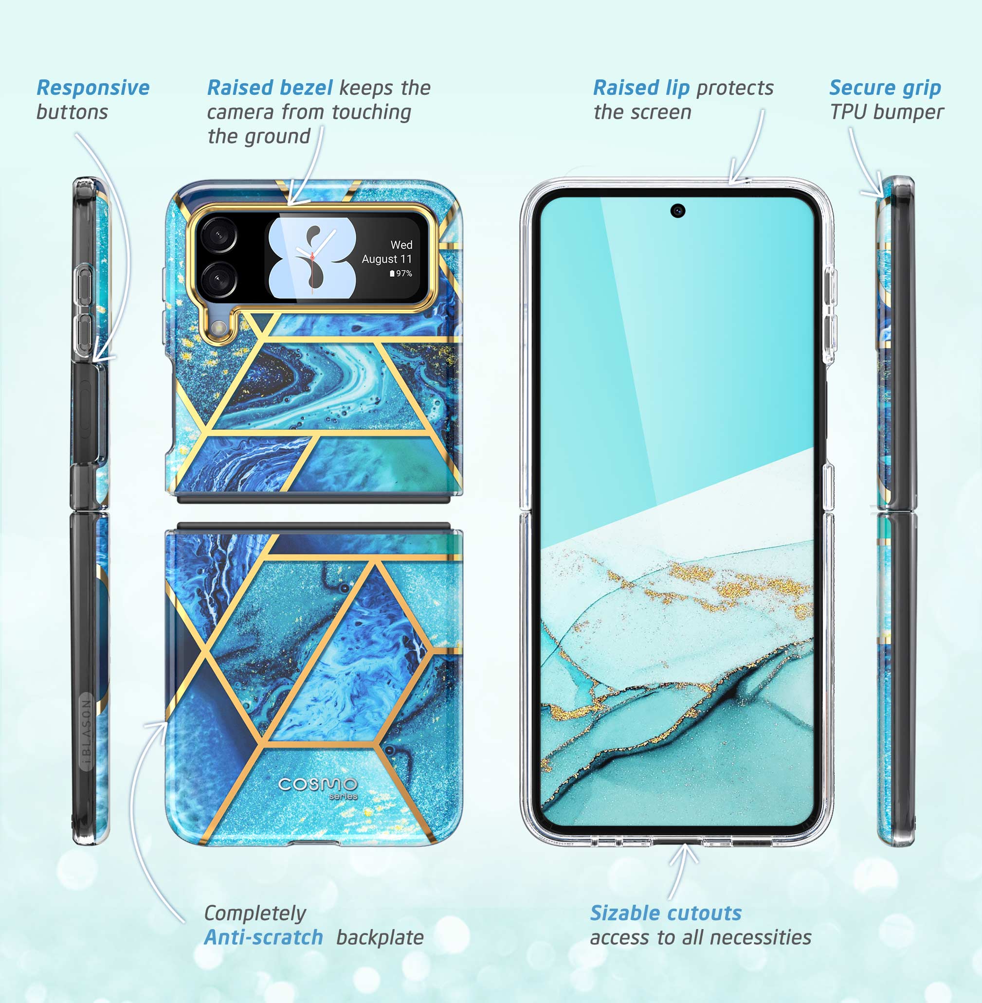 i-Blason Cosmo Series Case for Samsung Galaxy Z Flip 3 5G (2021), Slim Stylish Protective Bumper Case Without Built-in Screen Protector (Ocean)