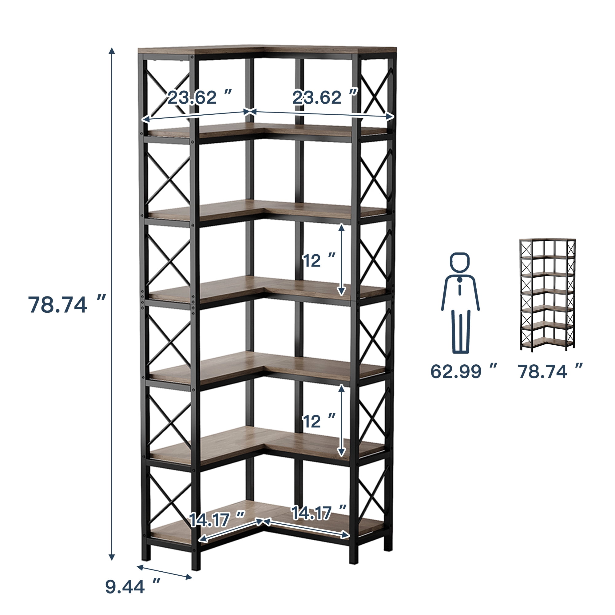 Demi Bonn 7 Tier Corner Bookshelf, Bookshelves, Open Etagere Bookcase Shelf Storage Organizer, Storage Shelving Unit for Bedroom, Living Room and Home Office, Gray
