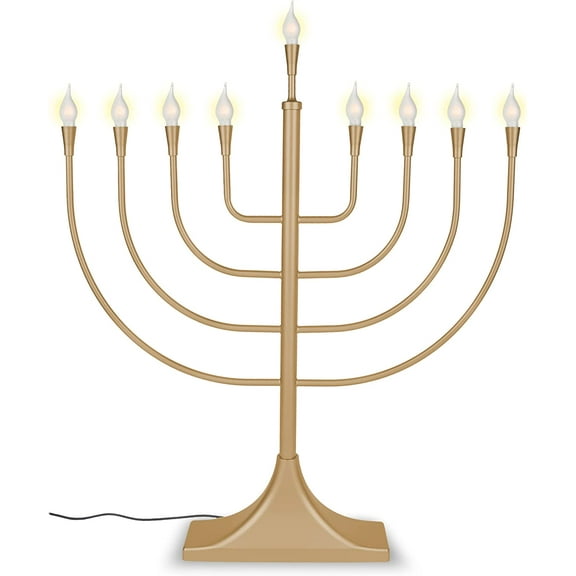 Extra Large 23" Display Electric Menorah Satin Gold with Flame Shaped Bulbs Traditional U-Shape USB Electronic LED Hanukkah Minorah with 10 Screw-in Frosted Bulbs Chanukah Decorations By Zion Judaica