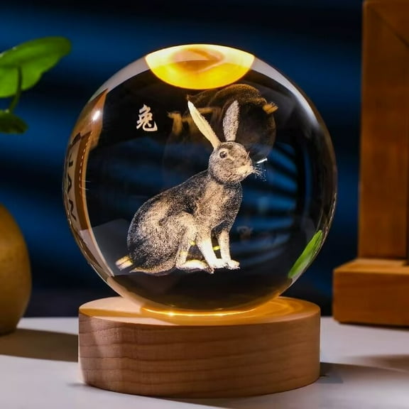 3.14in 3D Rabbit Crystal Ball Engraved with WoodenBase, Figurines Gift for Men Women Glass Decor Ball for Home Decor