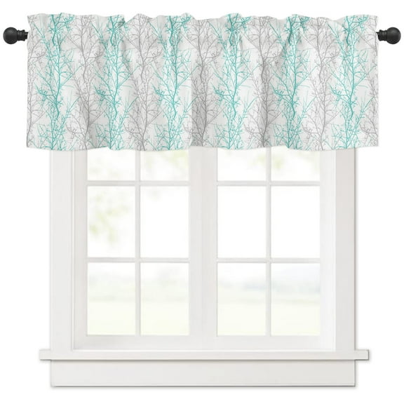 Hokiten Rod Pocket Curtain Valance, Teal Grey Branch Farmhouse Window Valance for Living Room, Bedroom, Kitchen Spring Summer Pastoral Botanical 54"W x 18"L